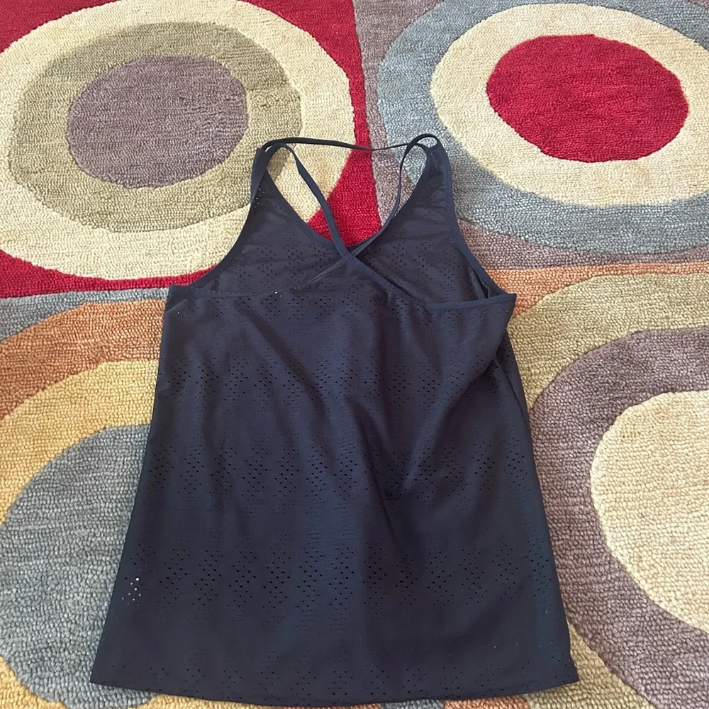 Athleta Black Limitless Laser Cut Tank Top Black Mesh Criss Cross Women’s Size S